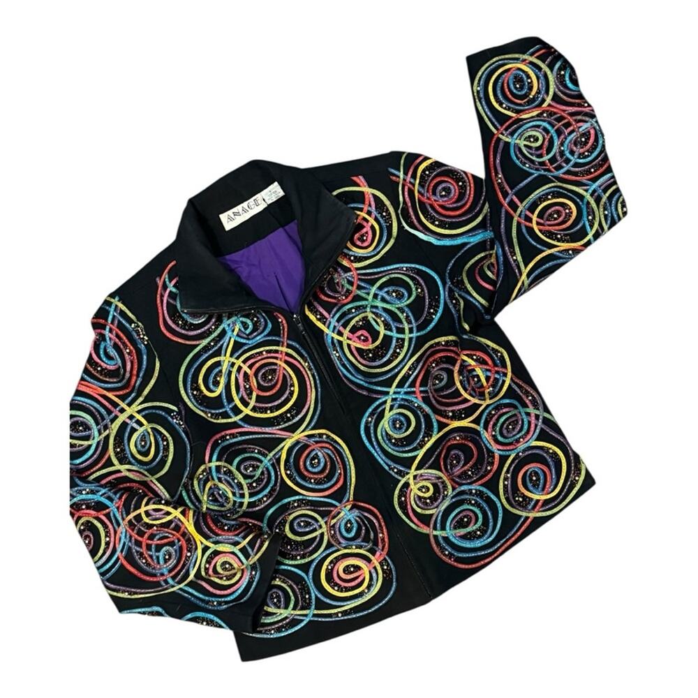 Vtg 90s ANAGE Hand Embroidered Beaded Jacket Womens S Abstract Swirl Artwear